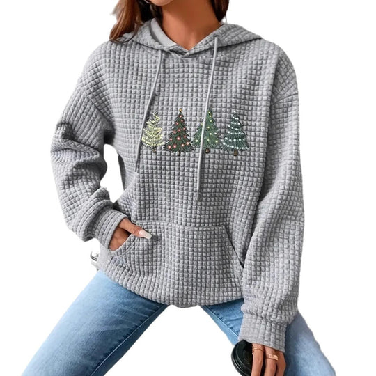 Damen Waffel-Pullover mit übergroßer Kapuze und festlichem Baumdesign EB