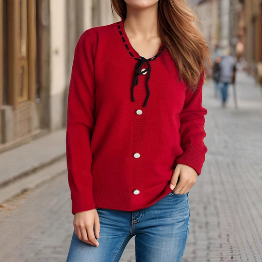 Damen modischer Strickpullover mit verspieltem Bindeband und dekorativen Knöpfen EB