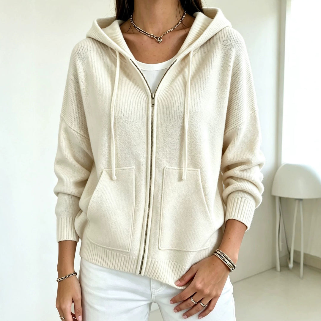 Damen Kapuzen-Wollmix Zip-Cardigan mit kastiger Passform und Kängurutaschen EB