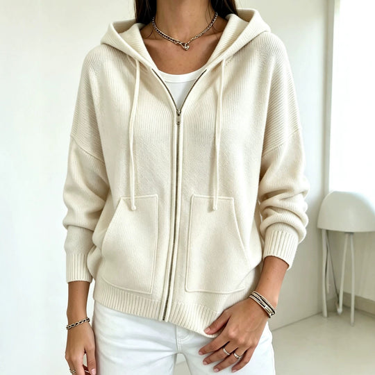 Damen Kapuzen-Wollmix Zip-Cardigan mit kastiger Passform und Kängurutaschen EB