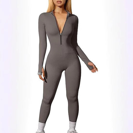 Damen nan figurbetonter Ripp-Jumpsuit mit hohem Halsausschnitt, langem Arm und sculptender Nahtführung EB