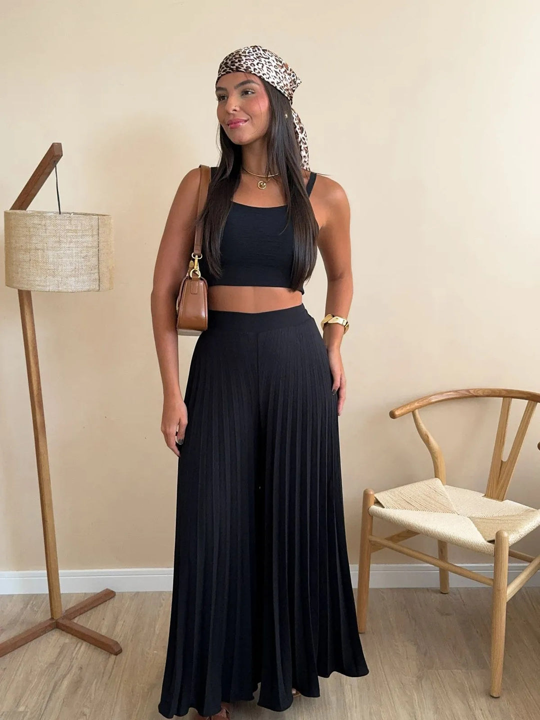 Damen Plissierte weite Hose mit Bindegürtel EB