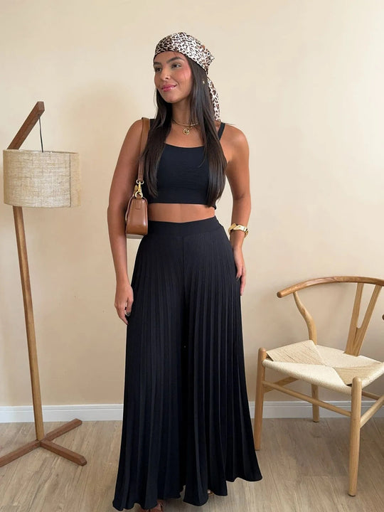 Damen Plissierte weite Hose mit Bindegürtel EB