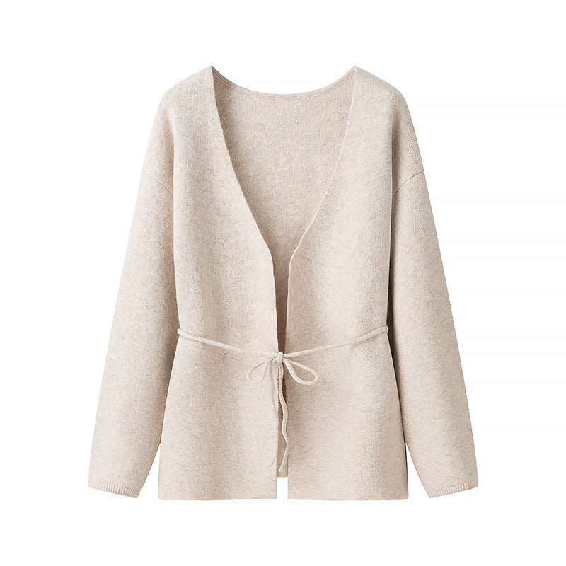 Damen Kuscheliger Strickcardigan mit tiefem V-Ausschnitt und Taillenkordel EB