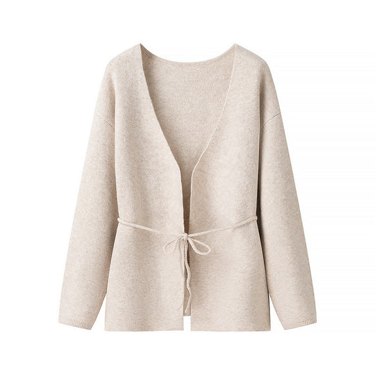 Damen Kuscheliger Strickcardigan mit tiefem V-Ausschnitt und Taillenkordel EB