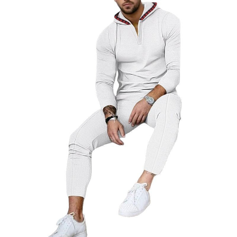 Herren nan Slim-Fit Waffel-Strick Kapuzen-Set mit Halbzip, kontrastgefütterter Kapuze und tapered Jogginghose EB