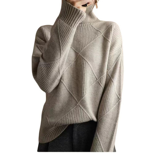 Damen hochwertiger Strickpullover mit stehendem Kragen und extravagantem Rautenmuster EB