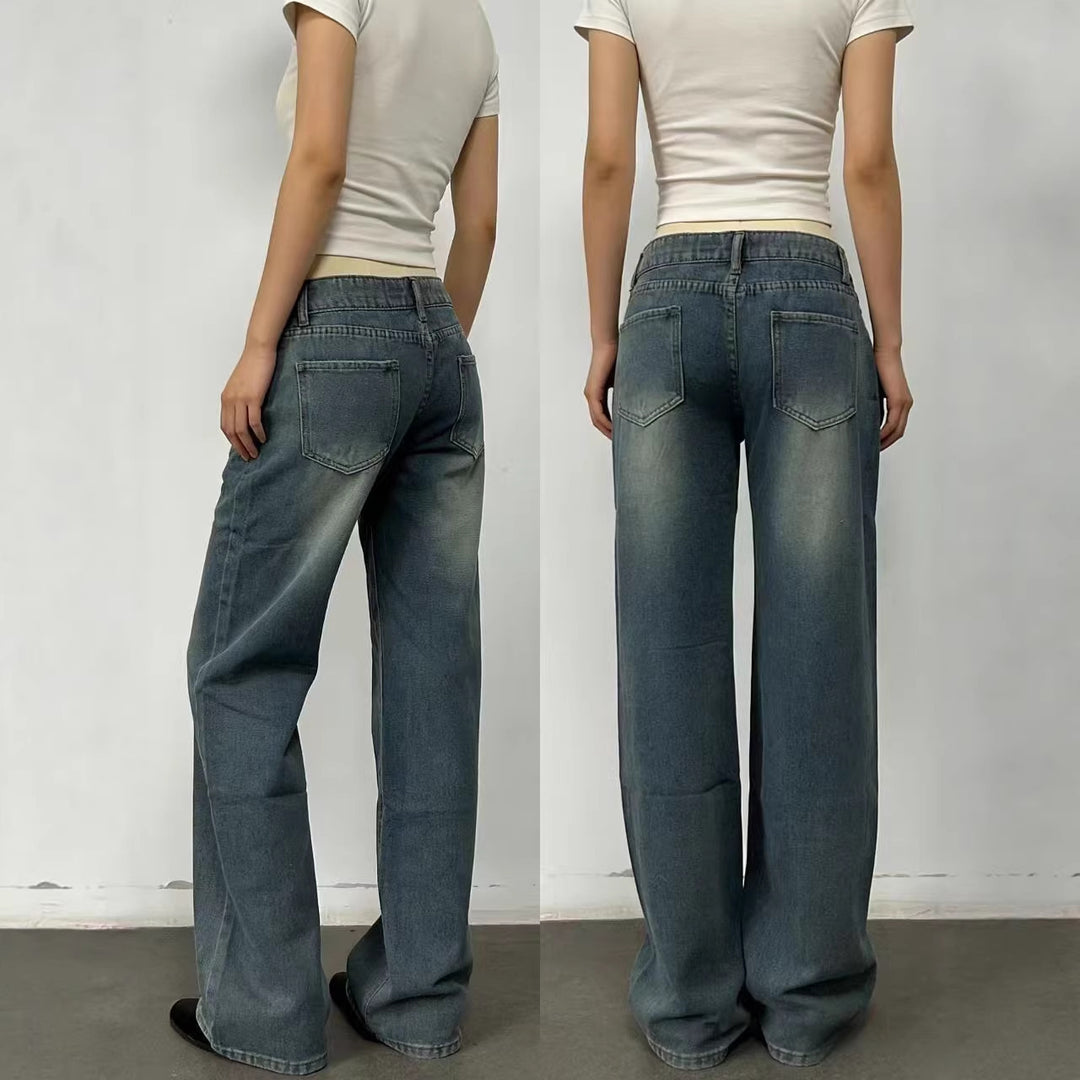 Damen weite High-Waist Jeans mit lässigem Schnitt und individuellen Waschungen EB