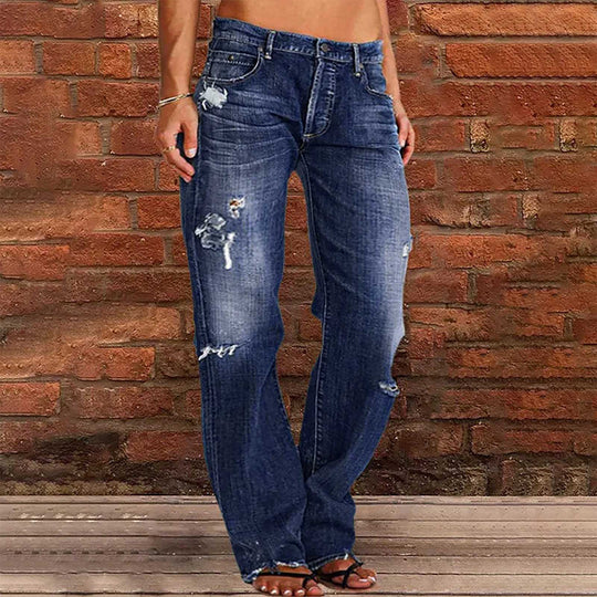 Damen nan weite zerrissene Jeans mit hoher Taille Relaxed Fit und ausgefranstem Saum EB