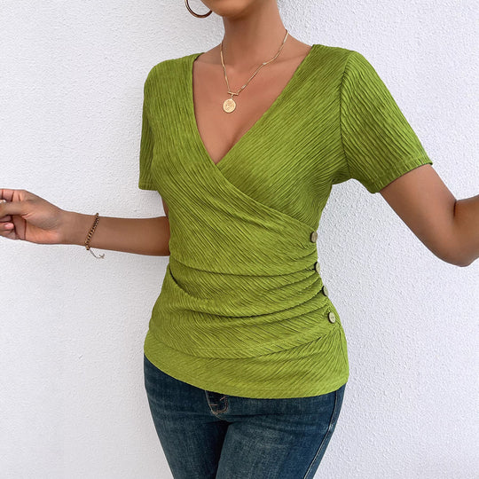 Damen Wickelbluse mit raffinierten Falten und Knopfdetails EB