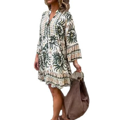 Damen nan locker geschnittenes Boho-Tunikakleid mit V-Ausschnitt geraffter Empire-Naht und Volant-Saum EB