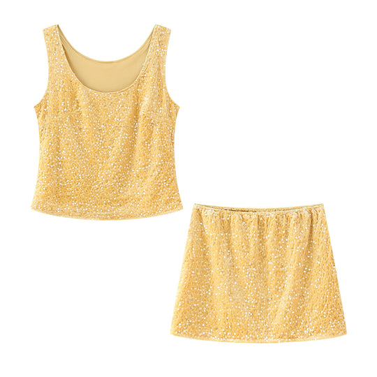 Damen Set aus funkelndem Spaghettiträger Top und schwingendem Rock mit elastischem Bund EB