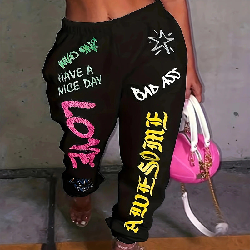 Damen Freizeithose mit kreativem Schriftzug und elastischem Bund EB