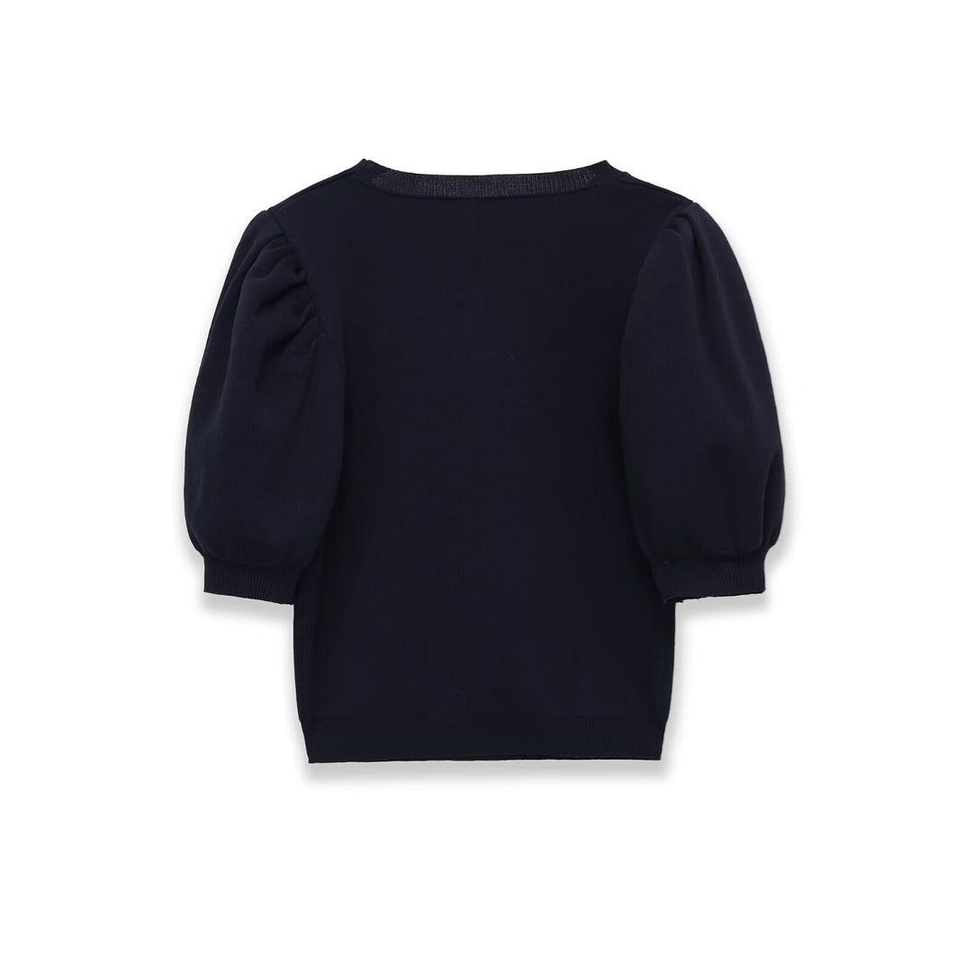 Damen Baumwollpullover mit herzförmigem Ausschnitt und modischen Puffärmeln EB