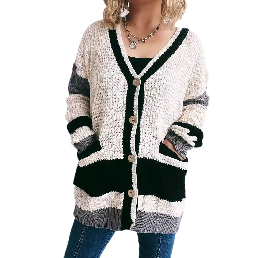 Damen Strickjacke mit modernen Streifenmustern und praktischen Taschen EB