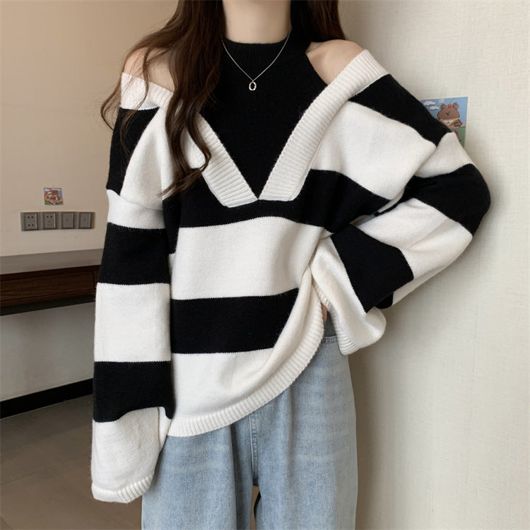 Damen V-Ausschnitt Oversized-Pullover mit modischem Streifenmuster und offenem Schulterdesign EB