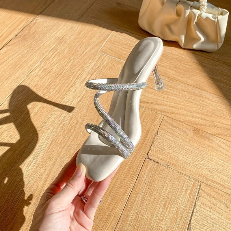 Damen elegante Sandalen mit funkelnden Strassverzierungen und transparentem Absatz EB
