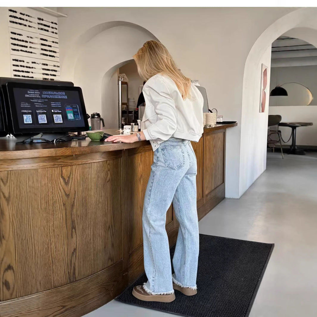 Damen Hochgeschnittene weite Jeanshose im Vintage-Style mit authentischem Used-Look EB