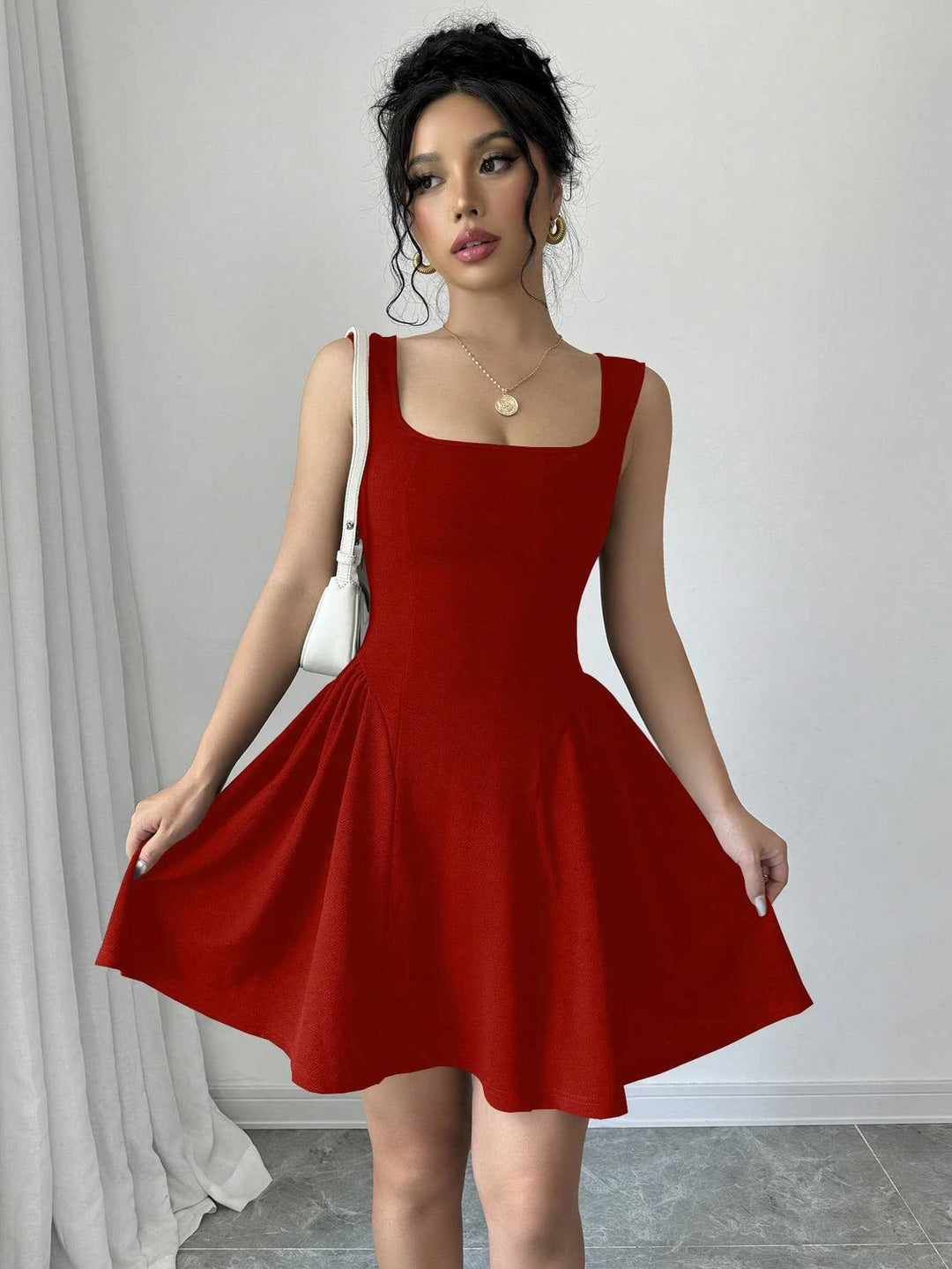 Damen A-Linien Kleid mit Quadrat-Ausschnitt und fließendem Rock EB