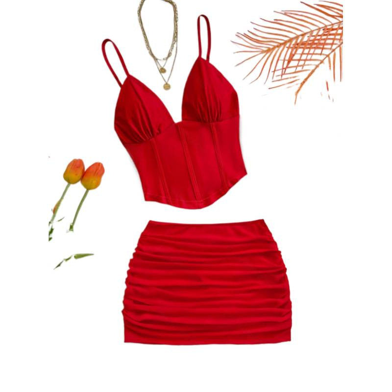 Damen Crop-Top und Mini-Rock Set mit raffinierten Raffungseffekten EB
