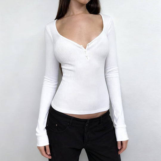Damen nan figurbetontes geripptes Langarm-Henley-Top mit tiefem V-Ausschnitt und Knopfleiste EB