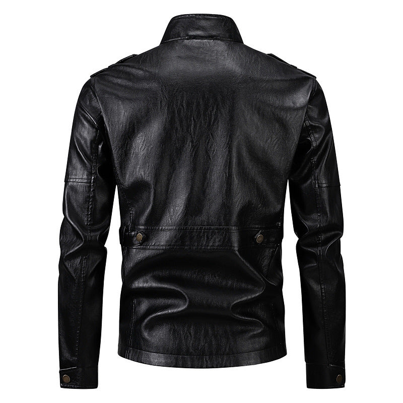 Herren Militärjacke aus Kunstleder mit praktischen Taschen und hohem Kragen EB