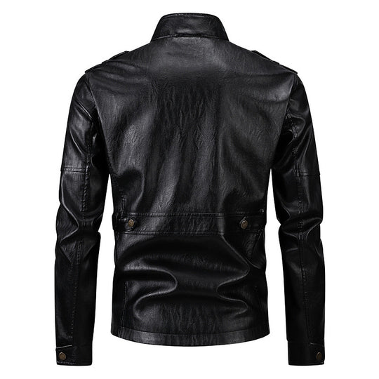 Herren Militärjacke aus Kunstleder mit praktischen Taschen und hohem Kragen EB