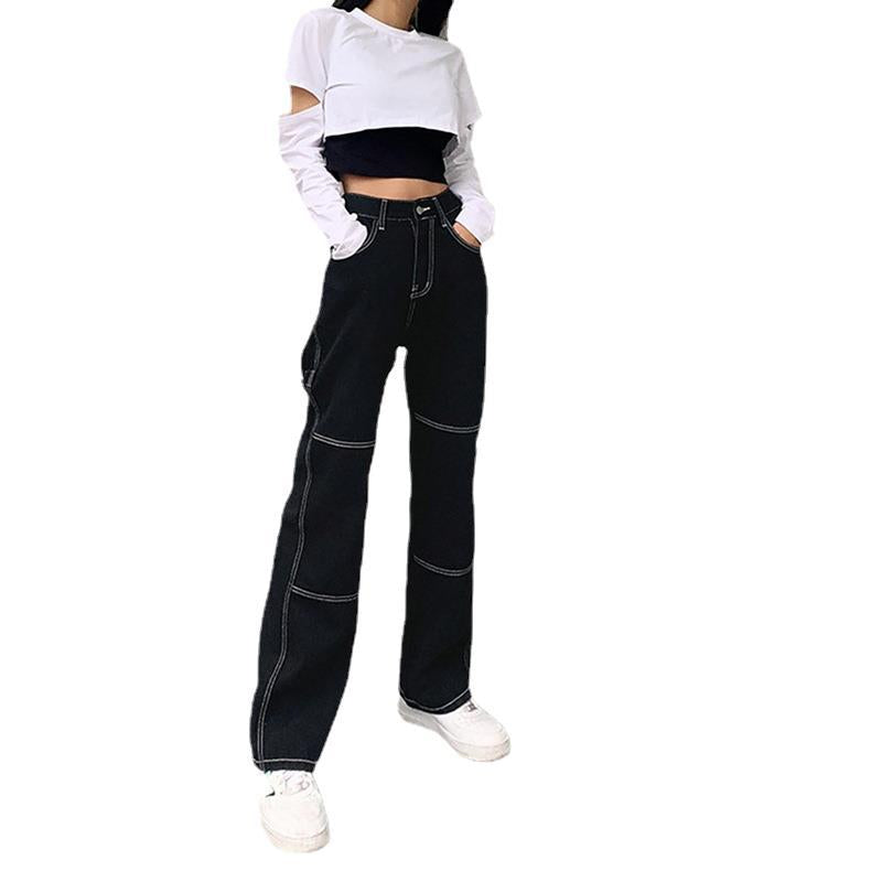 Damen weite Jeans mit modischen Kontrastnähten EB