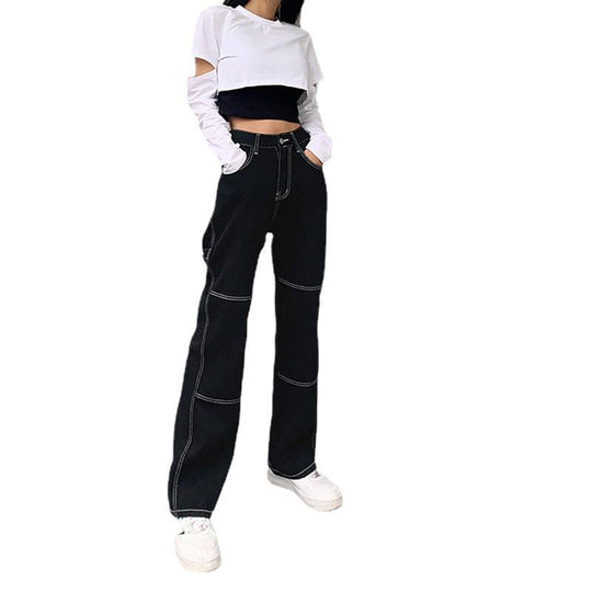 Damen weite Jeans mit modischen Kontrastnähten EB