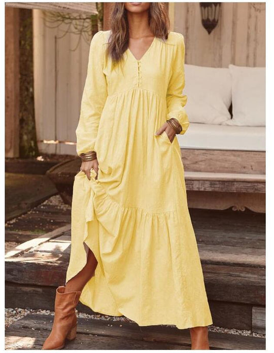 Damen nan luftiges Maxikleid mit V-Ausschnitt, Langarm und Eingrifftaschen EB