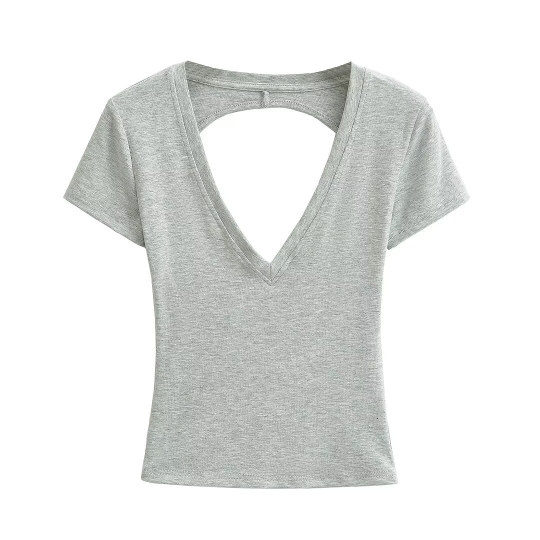 Damen modisches V-Ausschnitt T-Shirt mit offenem Rücken EB