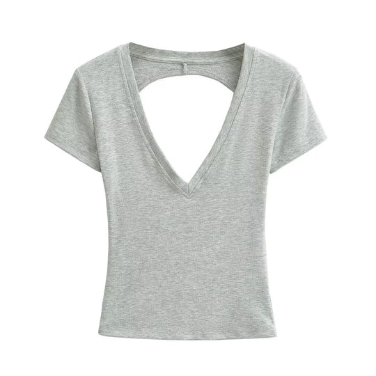 Damen modisches V-Ausschnitt T-Shirt mit offenem Rücken EB