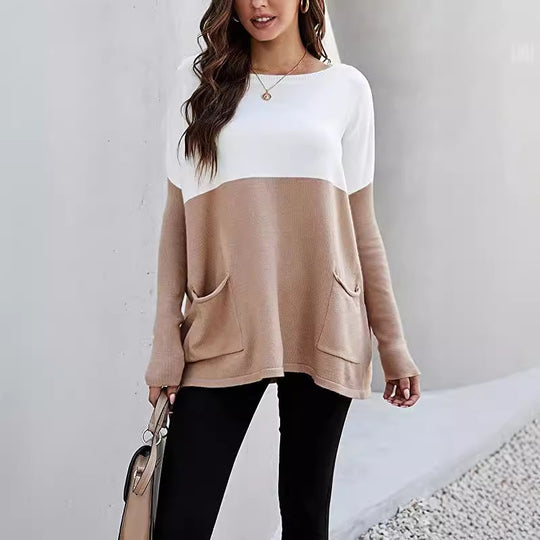 Damen Strickpullover mit großen Fronttaschen und kontrastiertem Design EB