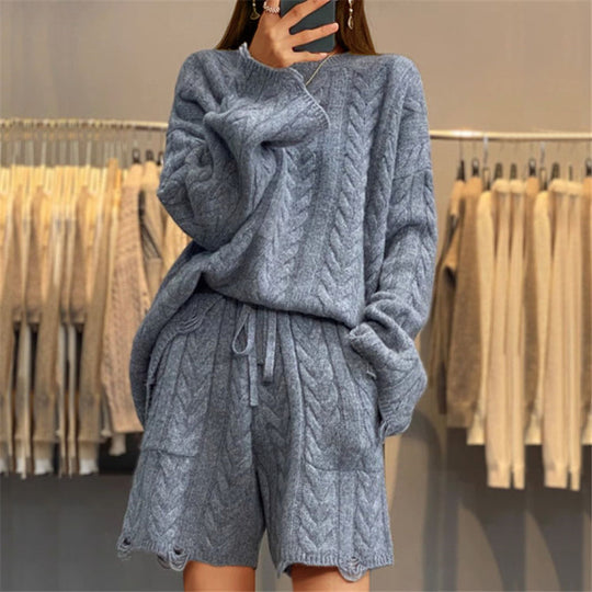 Damen nan kuscheliges Zopfmuster-Strickset mit Rundhals-Pullover und Taillen-Shorts EB