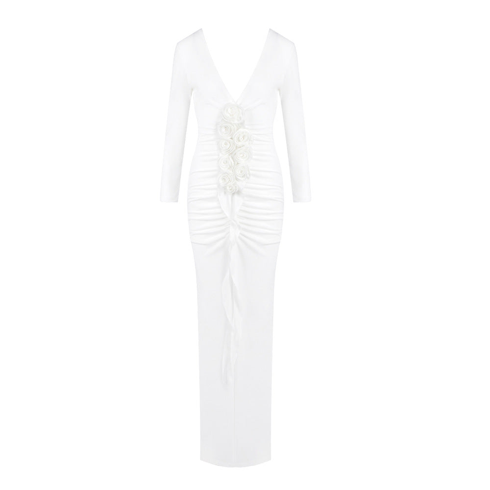 Damen Langärmliges Maxikleid mit figurschmeichelndem Drapé und floralen Applikationen EB
