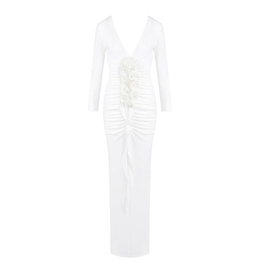 Damen Langärmliges Maxikleid mit figurschmeichelndem Drapé und floralen Applikationen EB