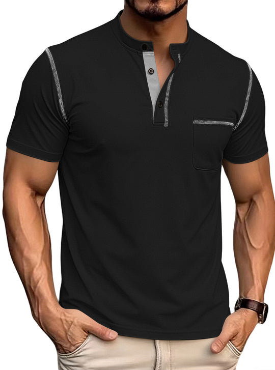Herren nan kurzärmeliges Henley-Shirt mit Stehkragen, Brusttasche und kontrastierenden Ziernähten EB