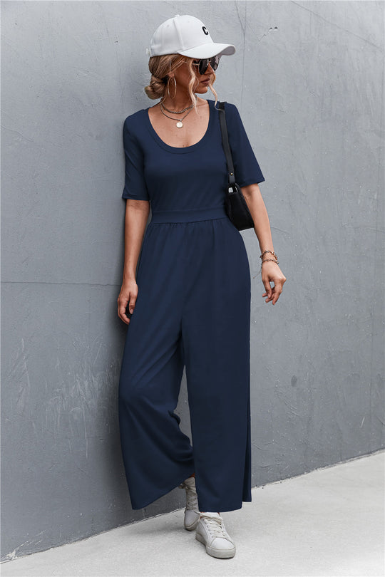 Damen Jumpsuit mit weitem Bein und elegantem Rundhalsausschnitt EB