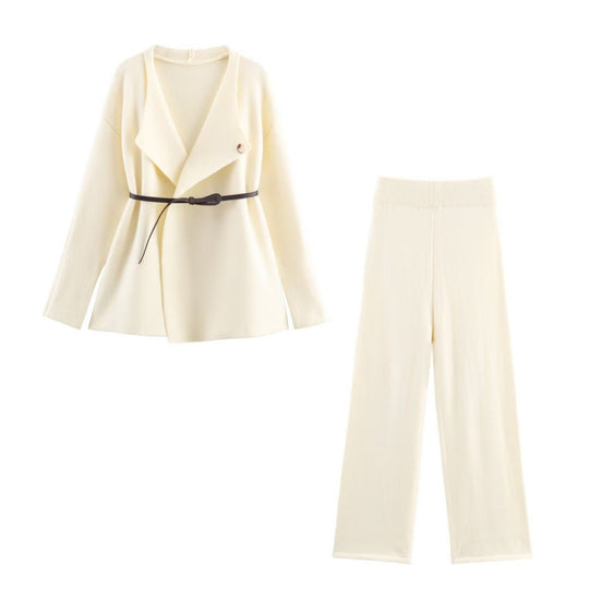 Damen elegantes Strickset mit tailliertem Blazer und weitem Hosenbein EB