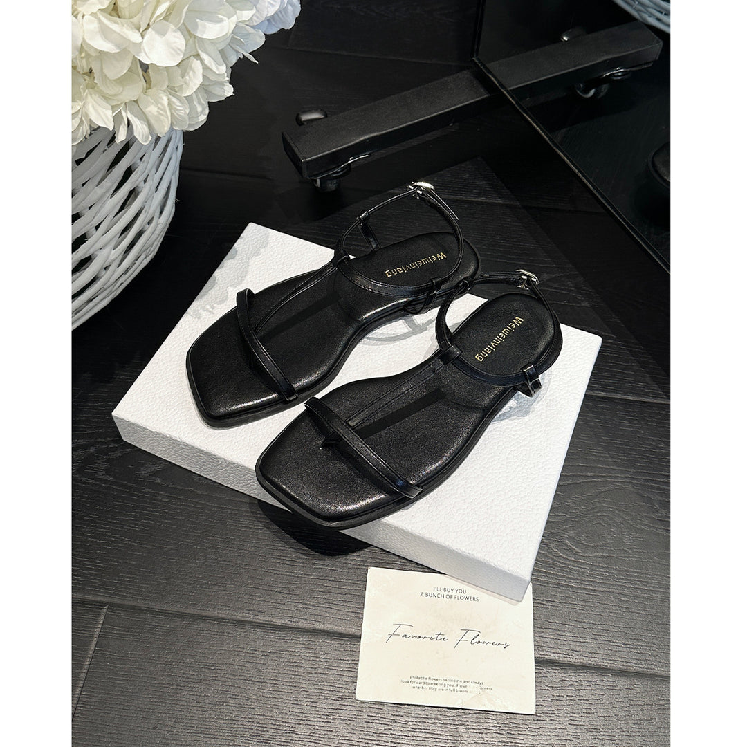 Damen elegante Zehentrenner-Sandalen mit schmalem Riemendesign EB