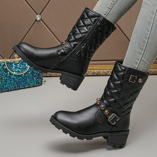 Damen modische Stiefeletten mit dekorativen Schmuckdetails und robustem Profil EB