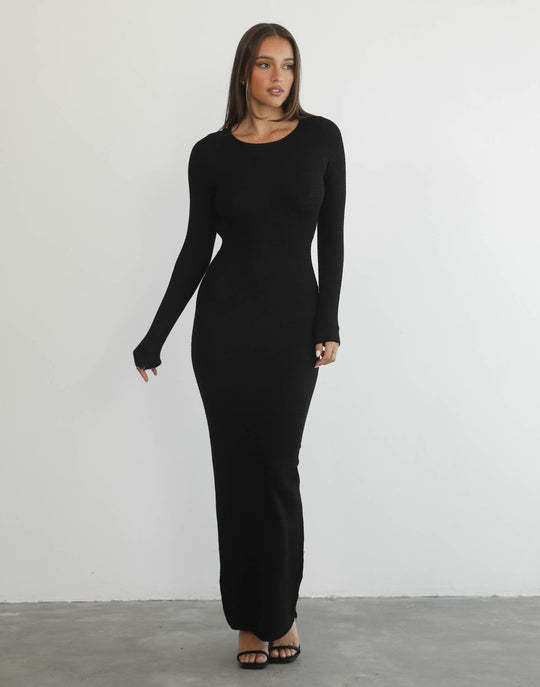Damen figurbetontes Maxikleid aus hochwertigem Rippstrickstoff mit tiefem Ausschnitt EB
