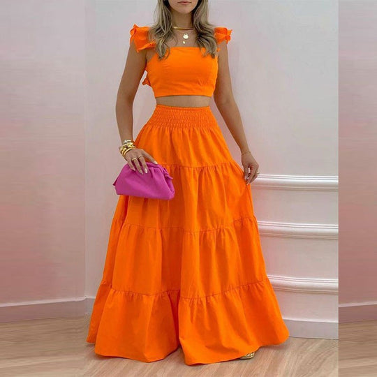 Damen Maxikleid mit voluminösem Rock und Rüschendetails EB