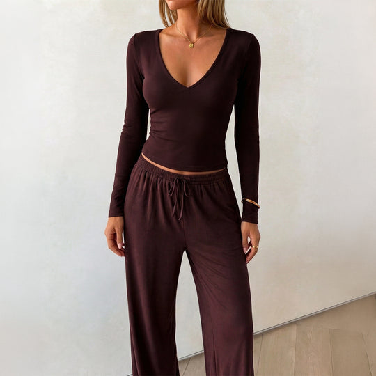 Damen nan elegantes Lounge-Set mit figurbetontem V-Ausschnitt Longsleeve und weiten Relax-Hosen EB