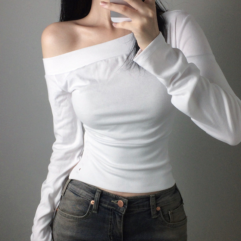 Damen nan schulterfreies Langarmshirt mit taillierter Silhouette und seitlicher Knopfleiste EB