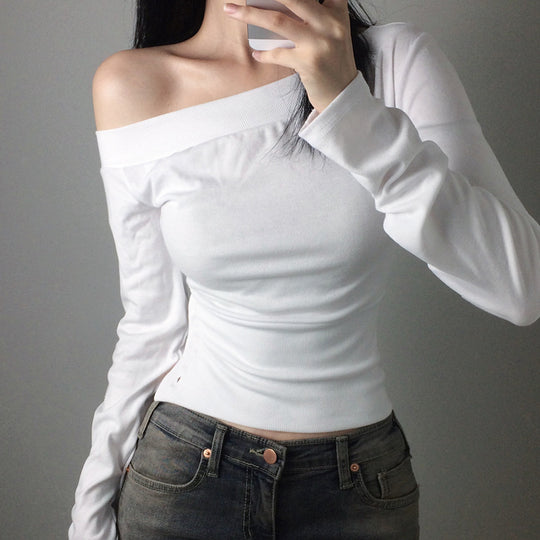 Damen nan schulterfreies Langarmshirt mit taillierter Silhouette und seitlicher Knopfleiste EB