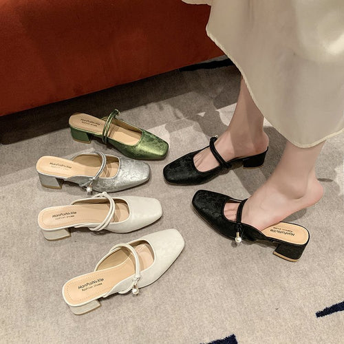 Damen modische Mules mit schicker Perlenapplikation und elegantem Blockabsatz EB