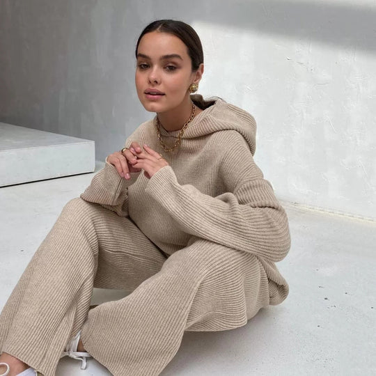 Damen gemütliches Lounge-Set mit Kapuzenpullover, Kängurutasche und weitem Jersey-Hose EB