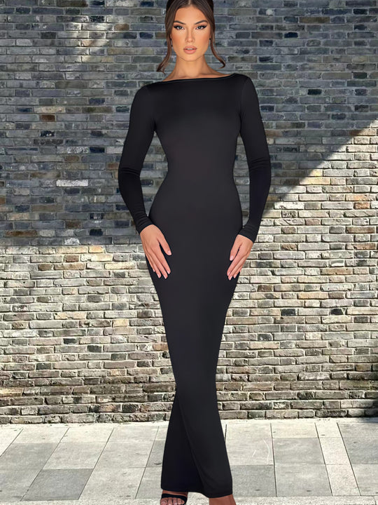 Damen Langarm-Maxikleid mit figurbetonter Silhouette und elegantem Ausschnitt EB