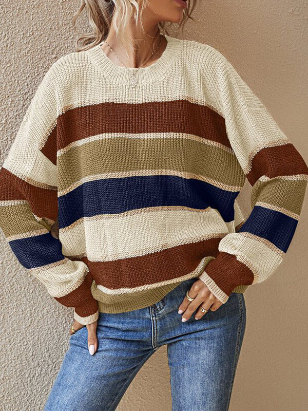 Damen lässiger Grobstrickpullover mit Farbblockmuster und weitem Schnitt EB